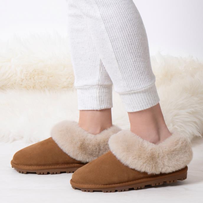 Isotoner® Ladies Genuine Suede Bootie With Fur Cuff & Lining Tan